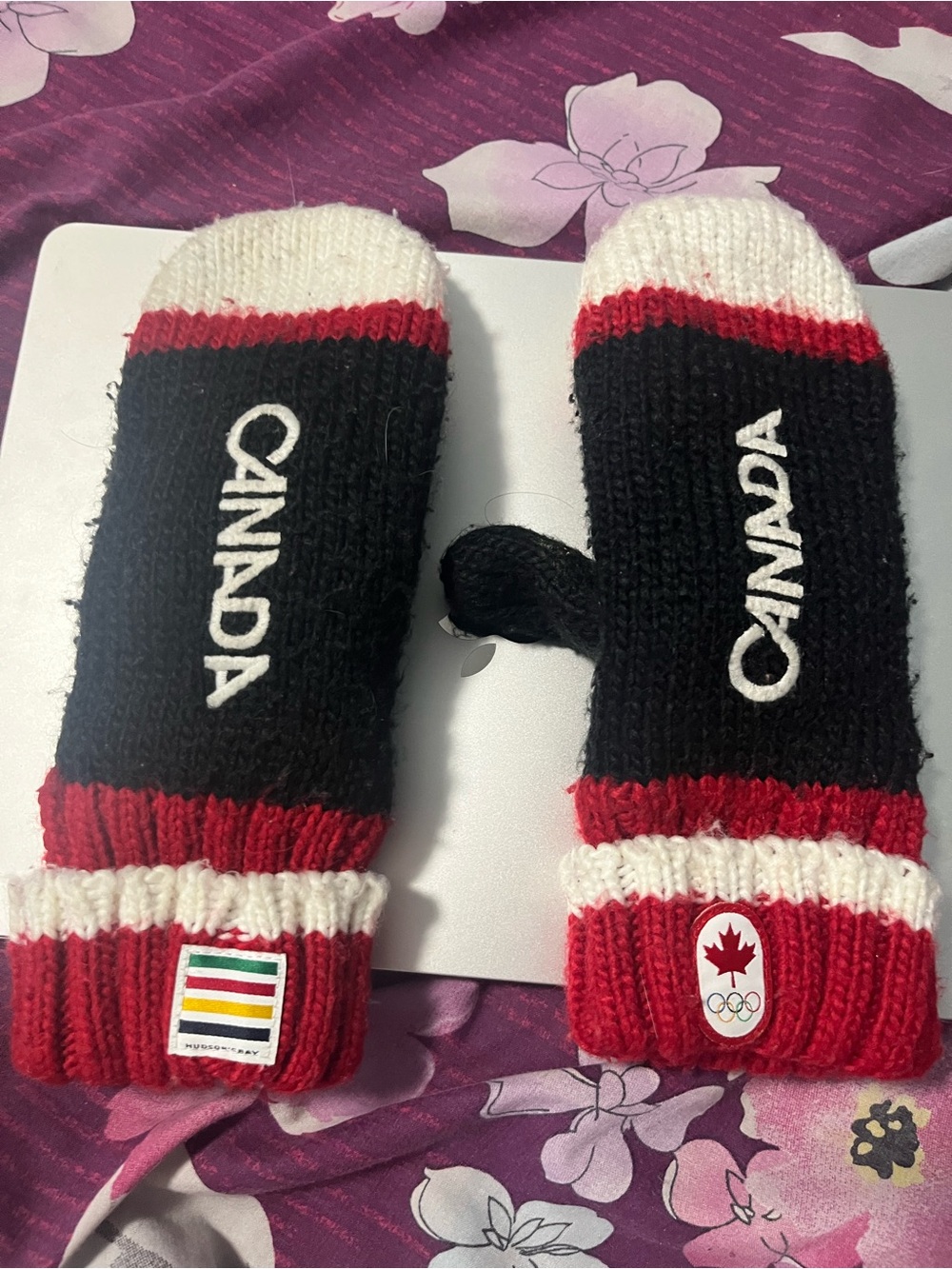 Canada Knit Mittens with Red, Black & White Accent